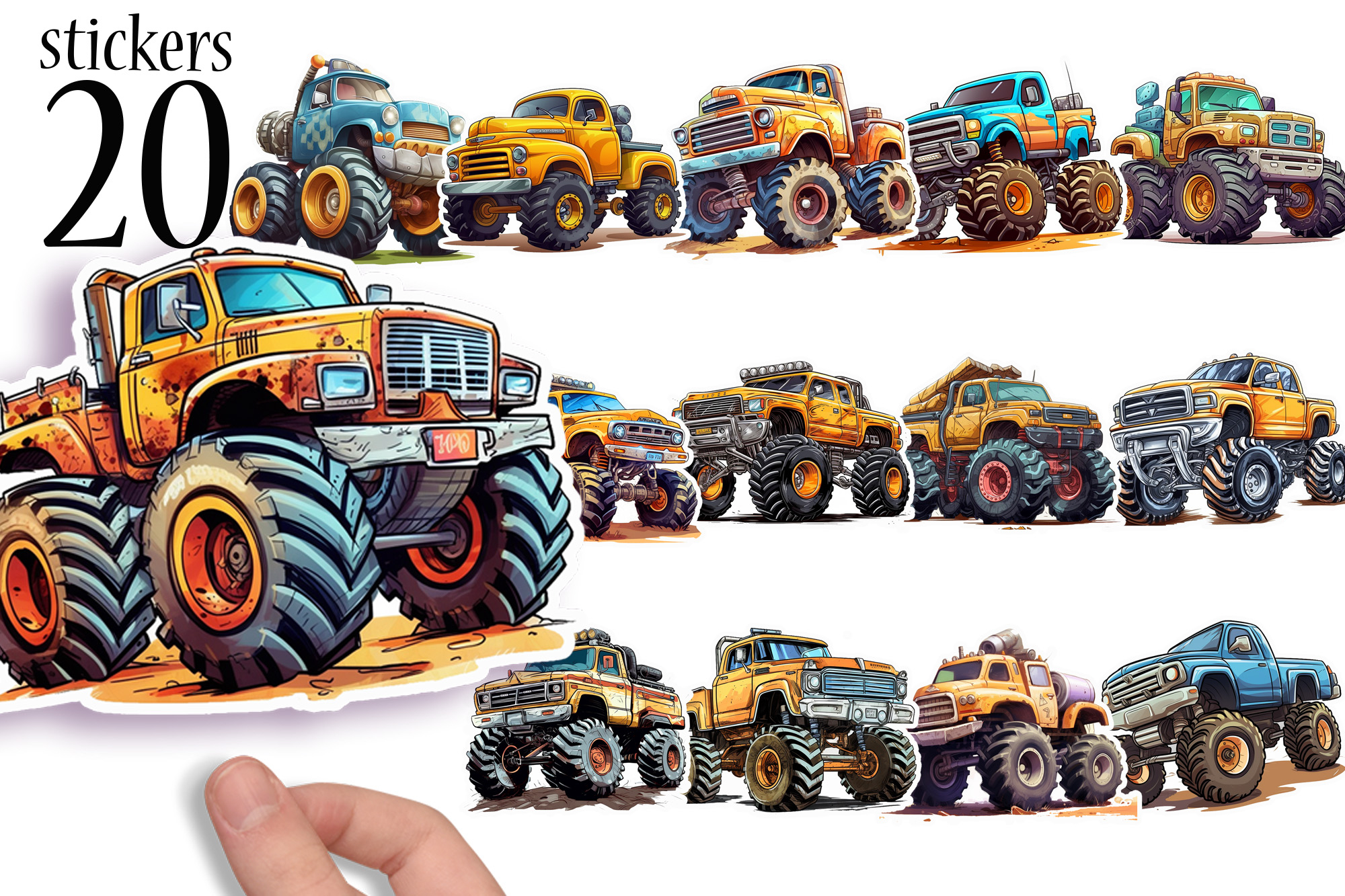 Printable Monster Truck Stickers - 20 Designs on 4 Sheets