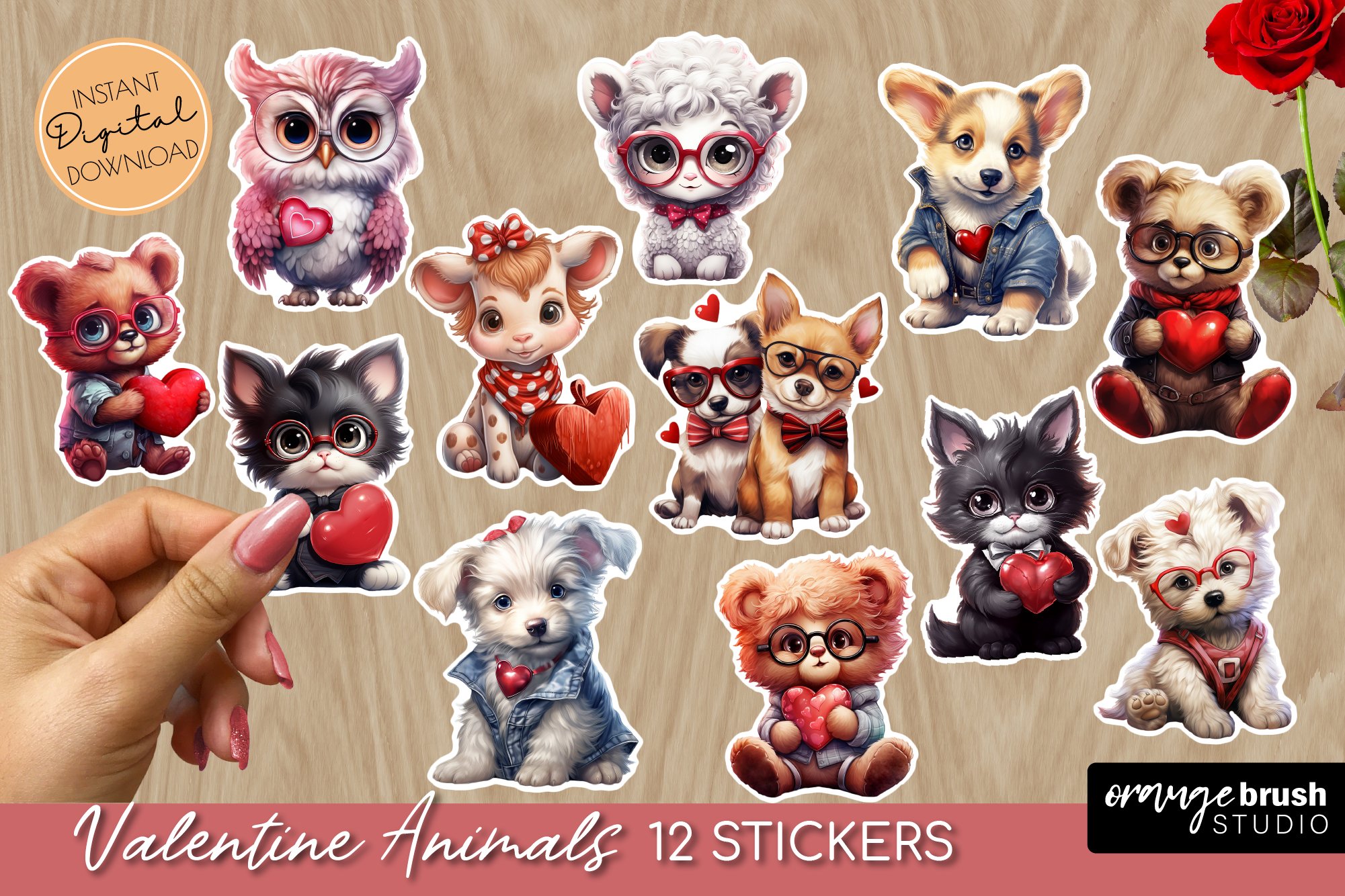 Valentine Stickers - Cute Animals, Printable Sticker Sheet