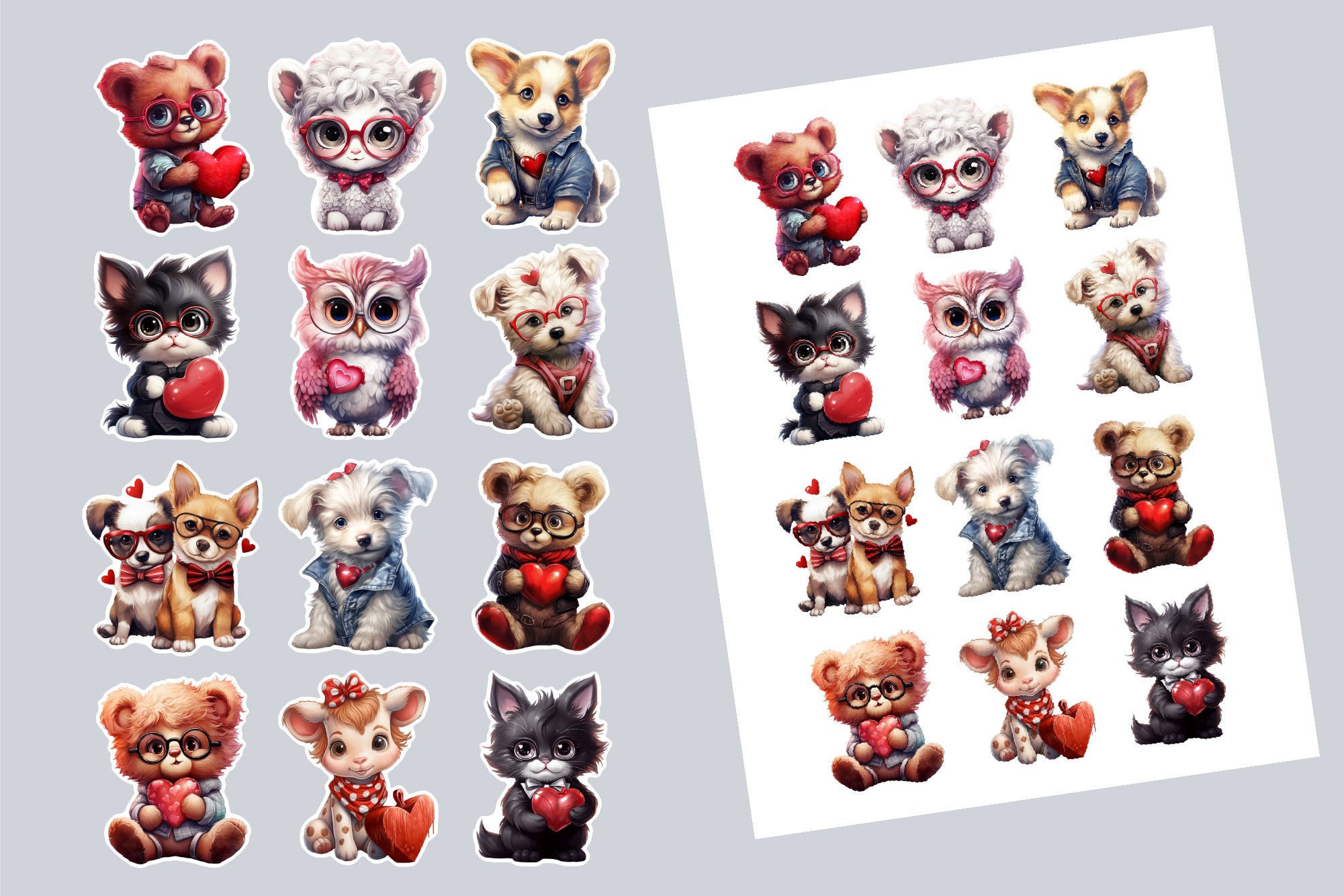 Valentine Stickers - Cute Animals, Printable Sticker Sheet 2