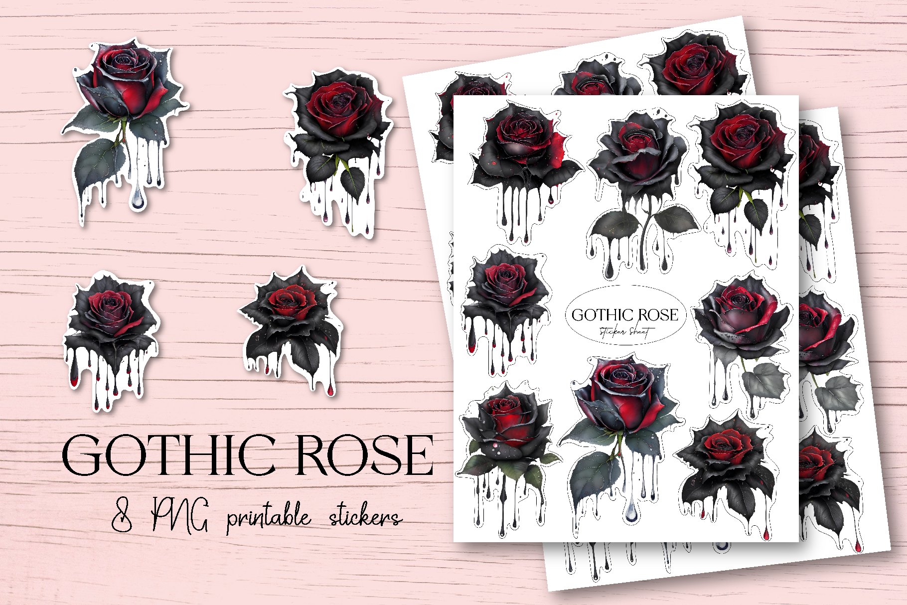 Gothic rose stickers bundle|8 stickers printable png