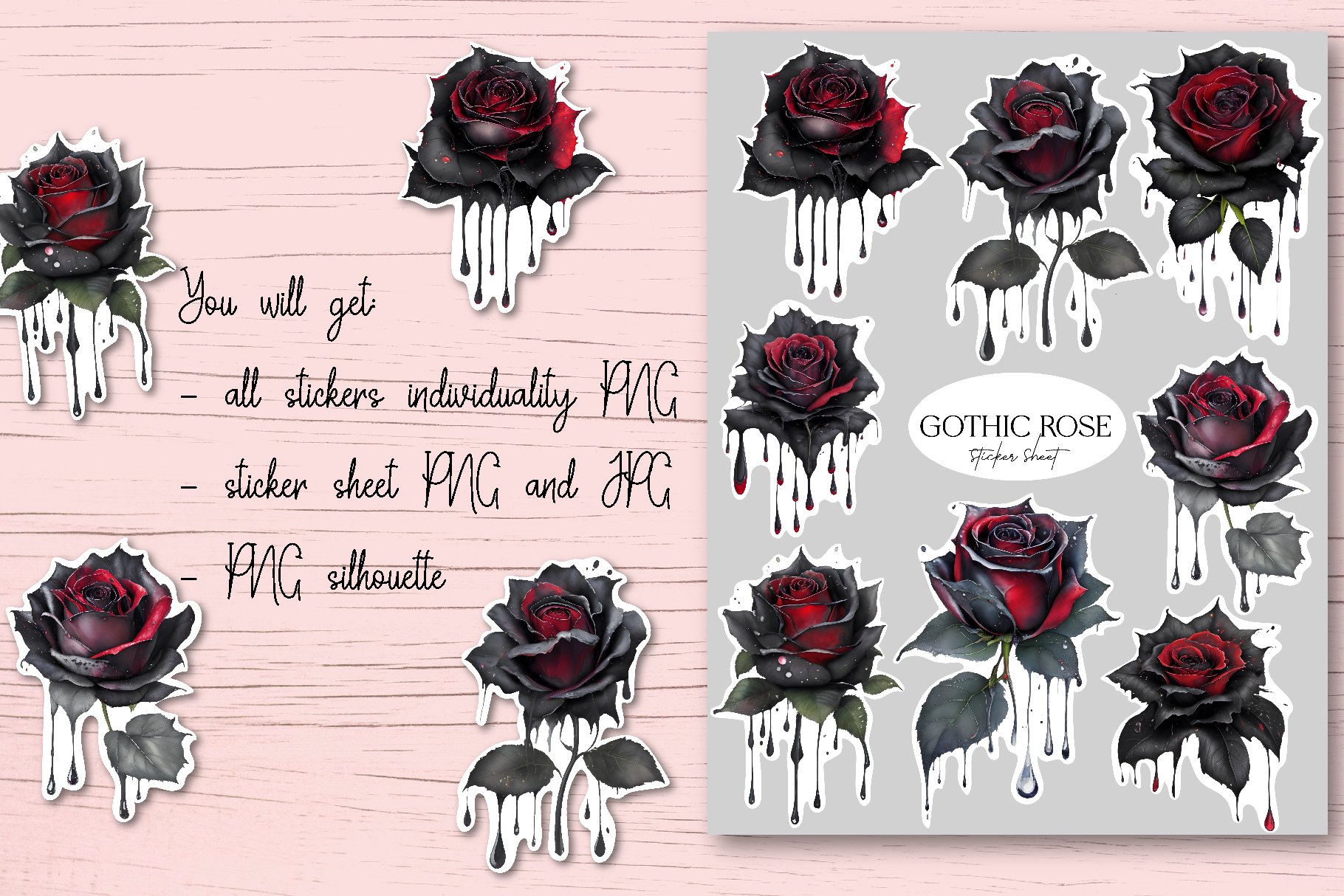 Gothic rose stickers bundle|8 stickers printable png 3
