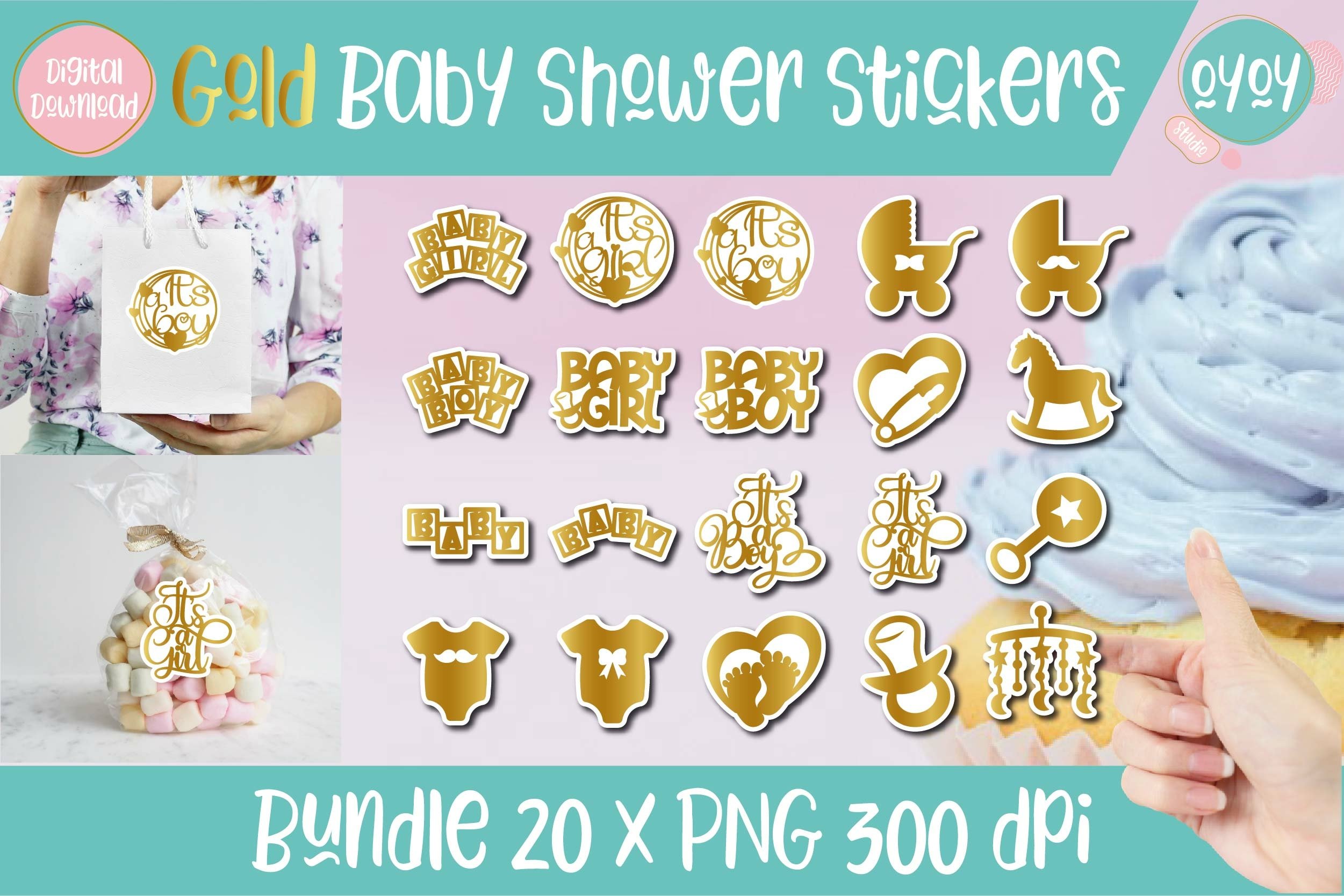 Gold Baby Shower Stickers Bundle | 20 x Printable Stickers
