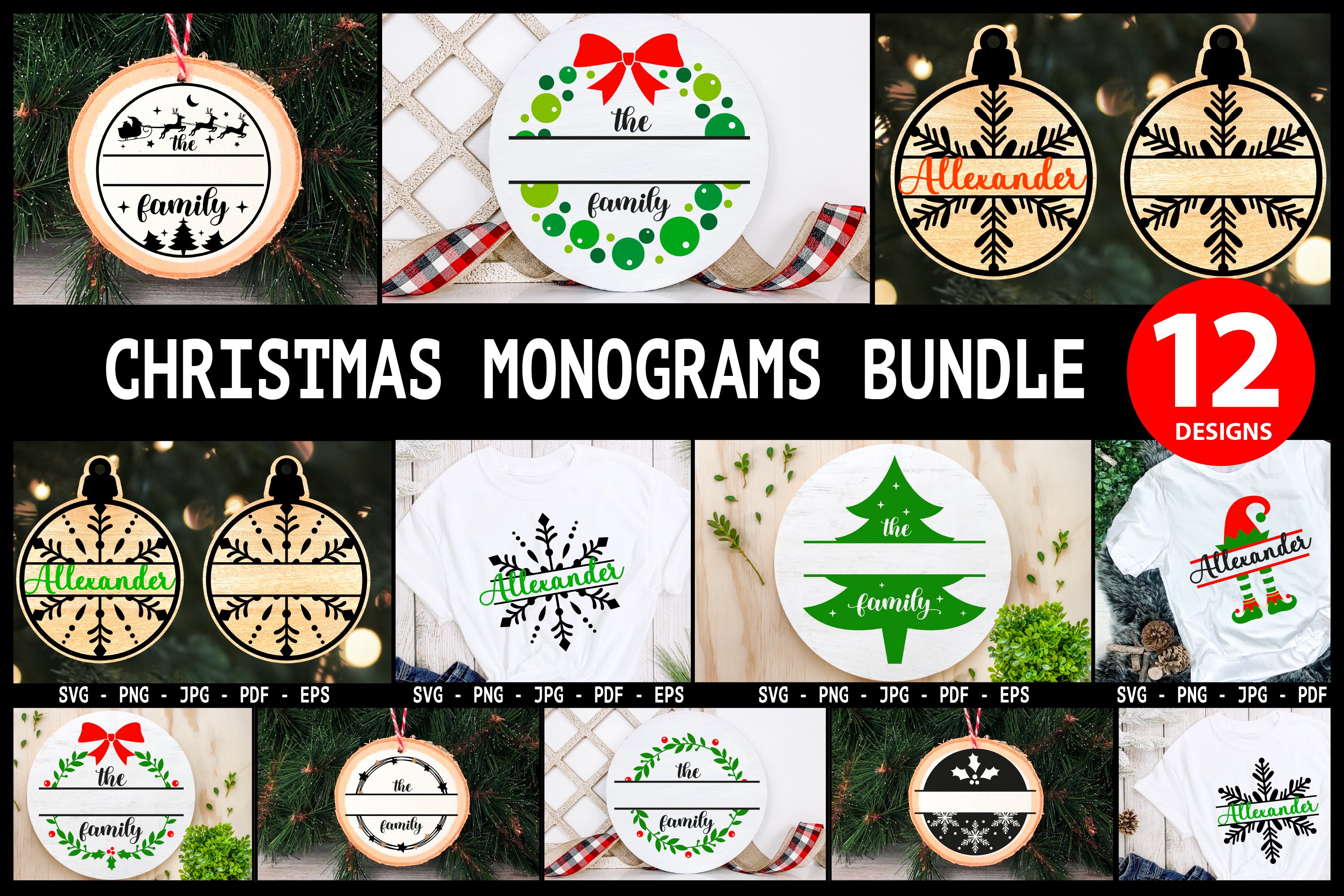 12 Family Christmas Monogram SVG, Christmas Ornament SVG
