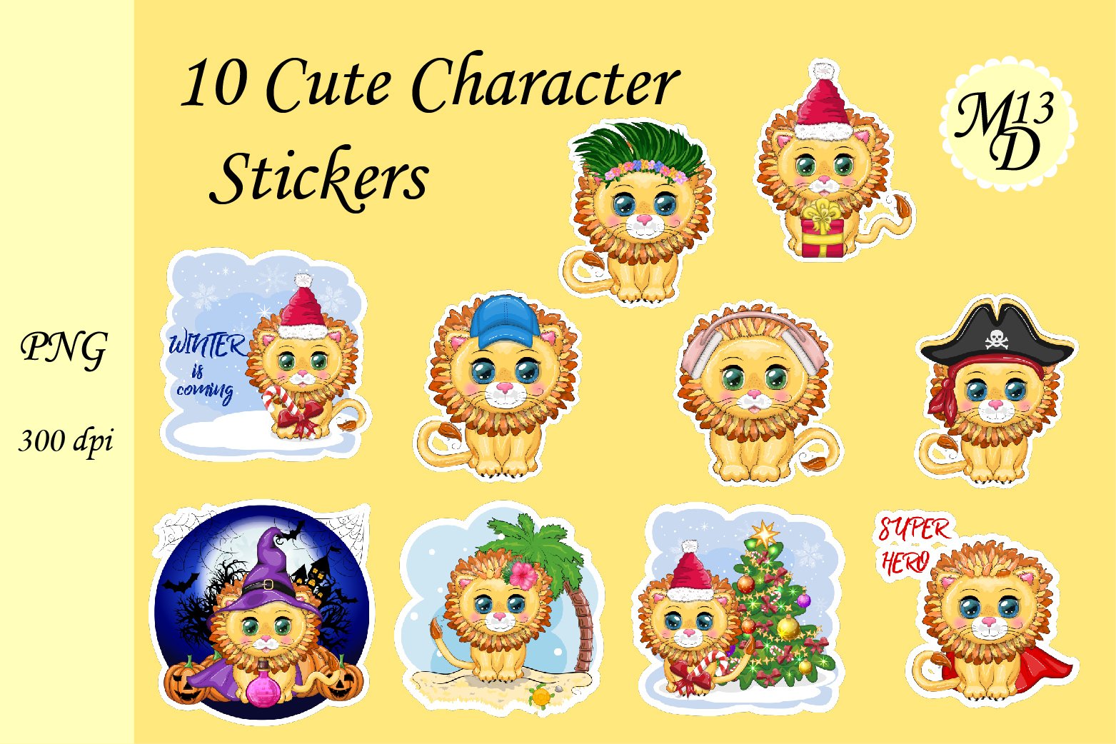 Cute lion 10 stickers png design