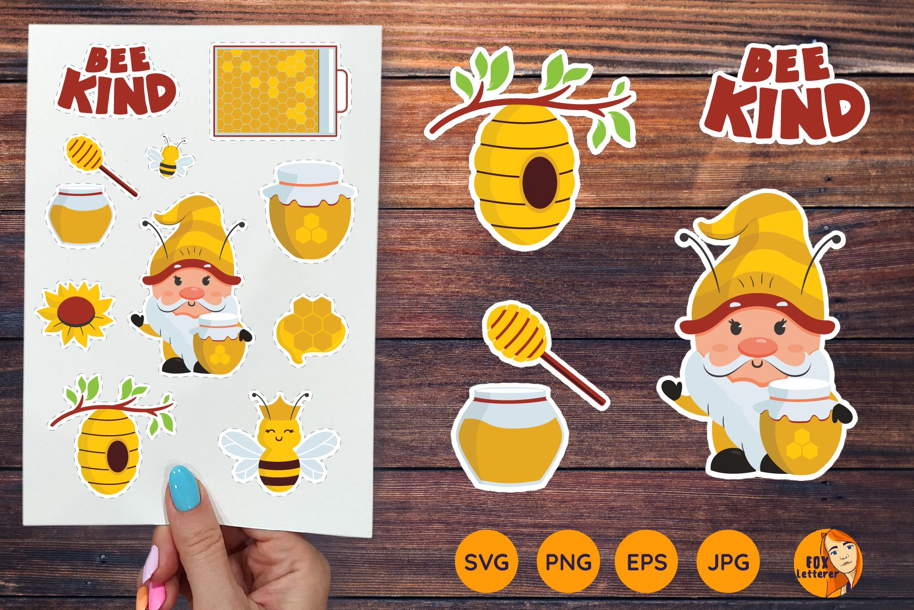 Printable stickers with bee and gnome. Bee svg, png