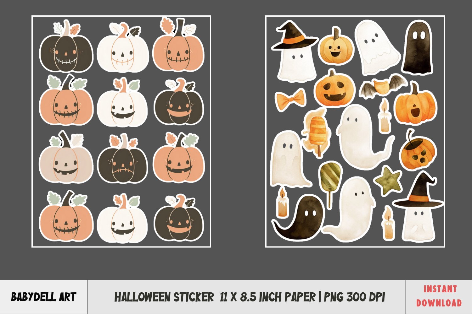 Watercolor Halloween Sticker Set PNG | 8.5x11" Printable