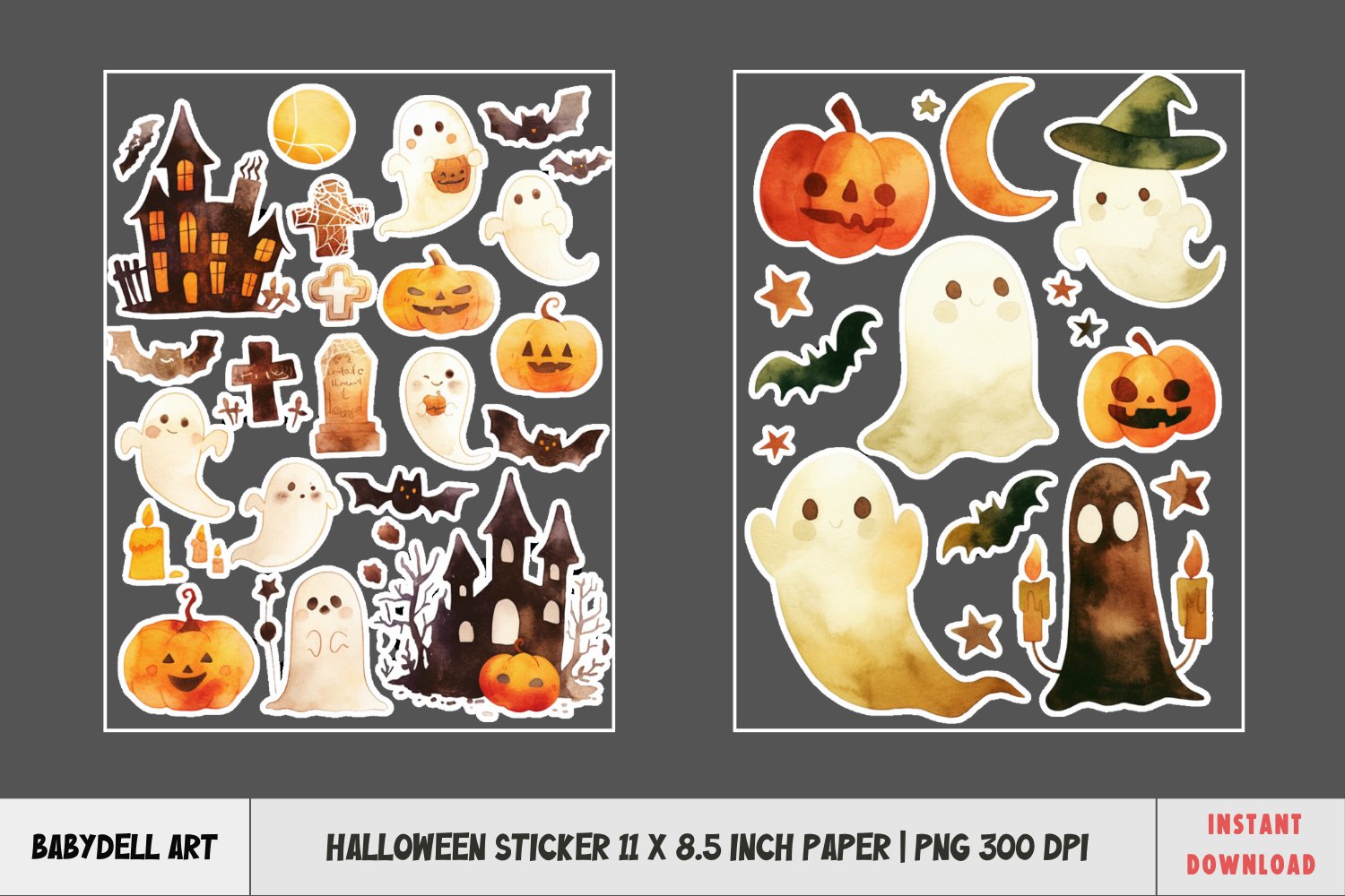 Watercolor Halloween Sticker Set PNG | 8.5x11" Printable 2