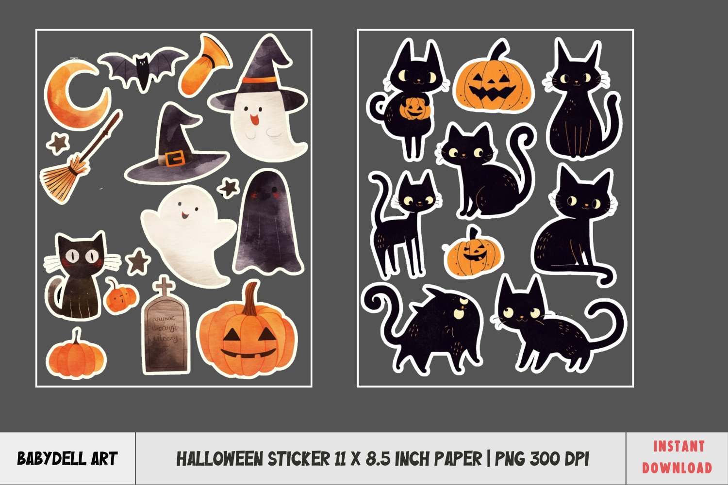 Watercolor Halloween Sticker Set PNG | 8.5x11" Printable 3