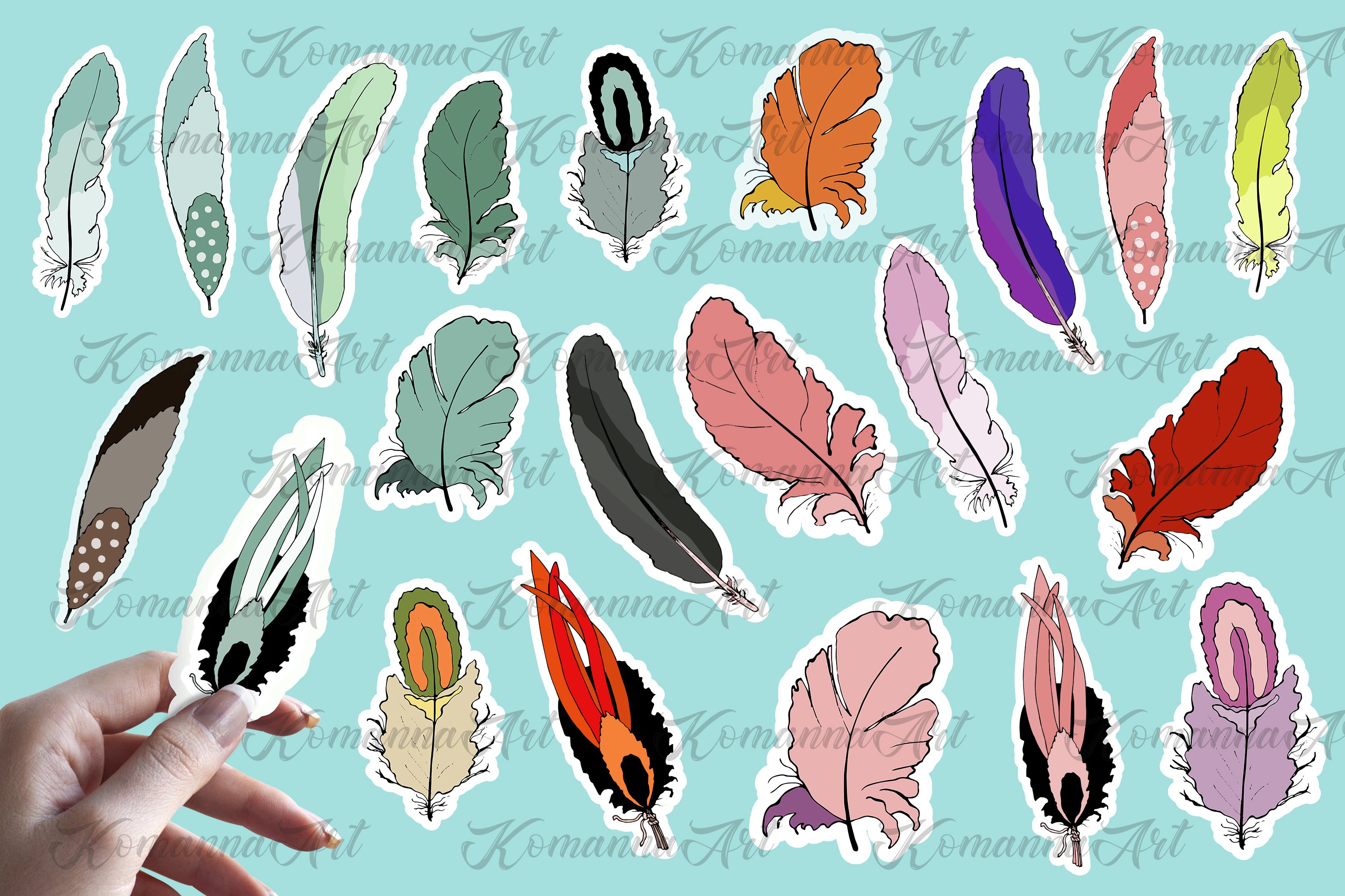 Vector Bundle Stickers graphics Digital doodle Feathers! 2