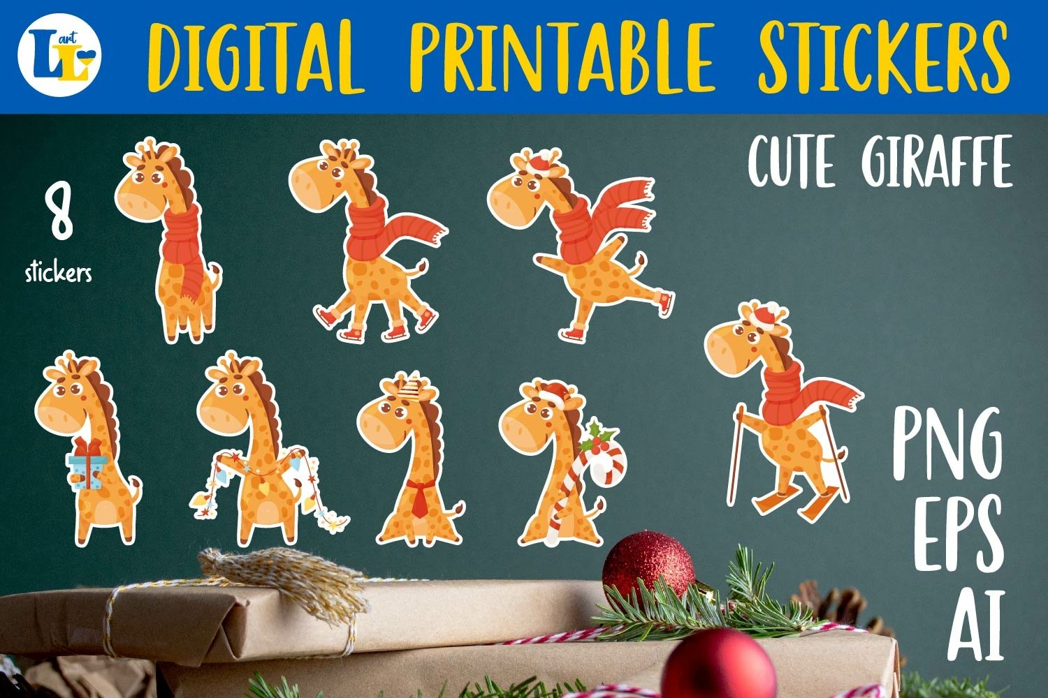Winter Cute giraffe|Digital Printable sticker bundle PNG EPS