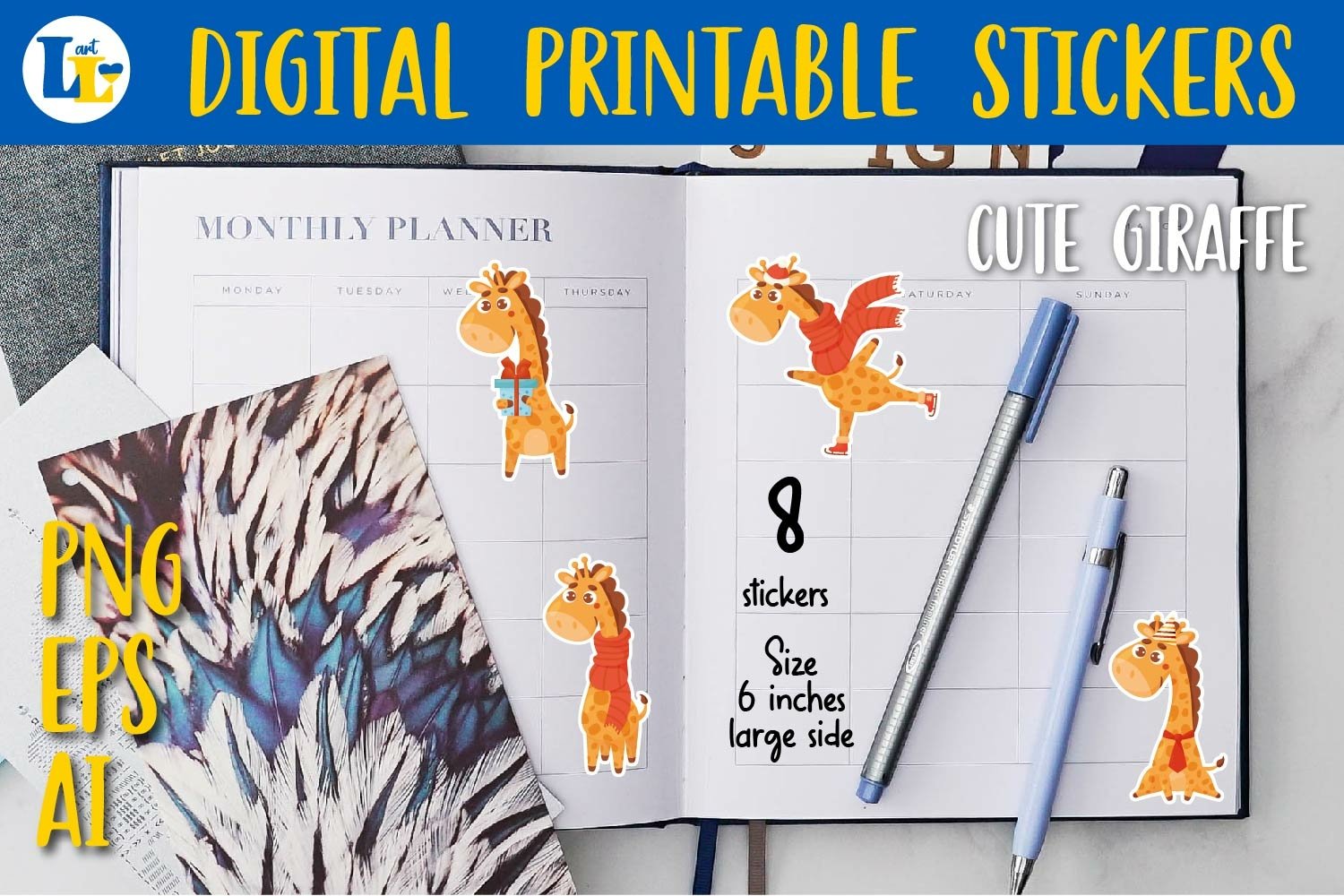 Winter Cute giraffe|Digital Printable sticker bundle PNG EPS 3