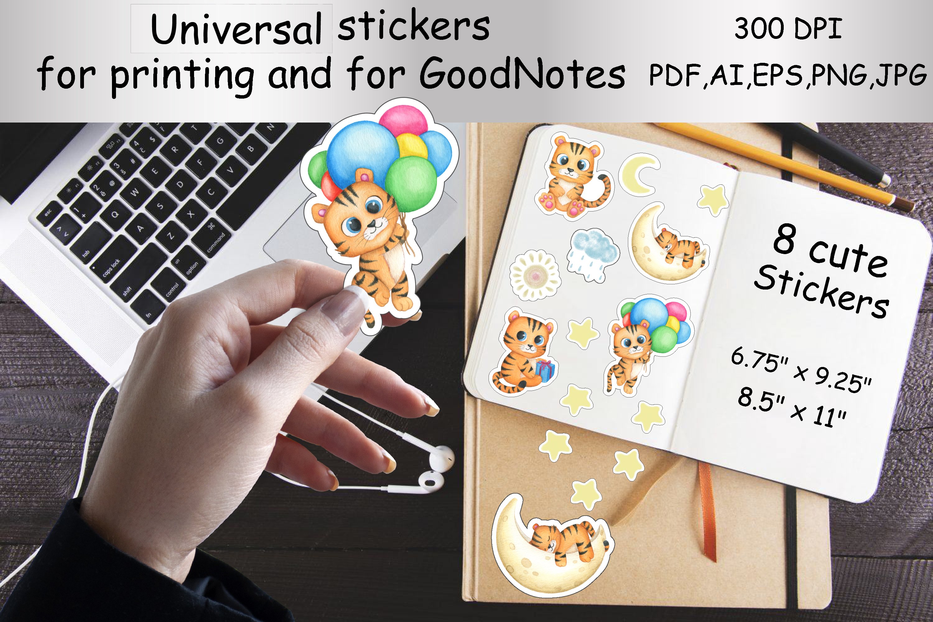 Printable Stickers and for the GoodNotes app.Cute tiger,cat