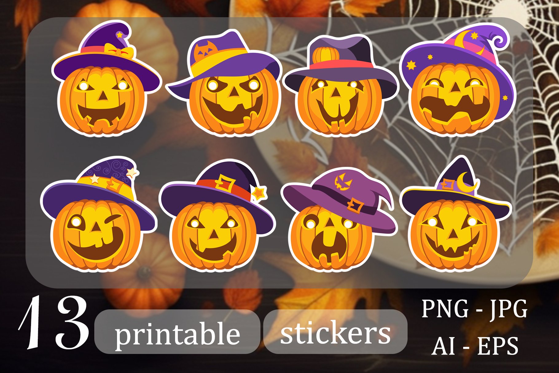 Halloween Stickers Funny Pumpkin Bundle | 13 PNG | Vector