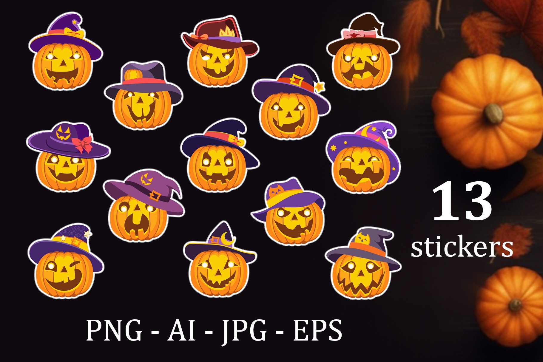 Halloween Stickers Funny Pumpkin Bundle | 13 PNG | Vector 2