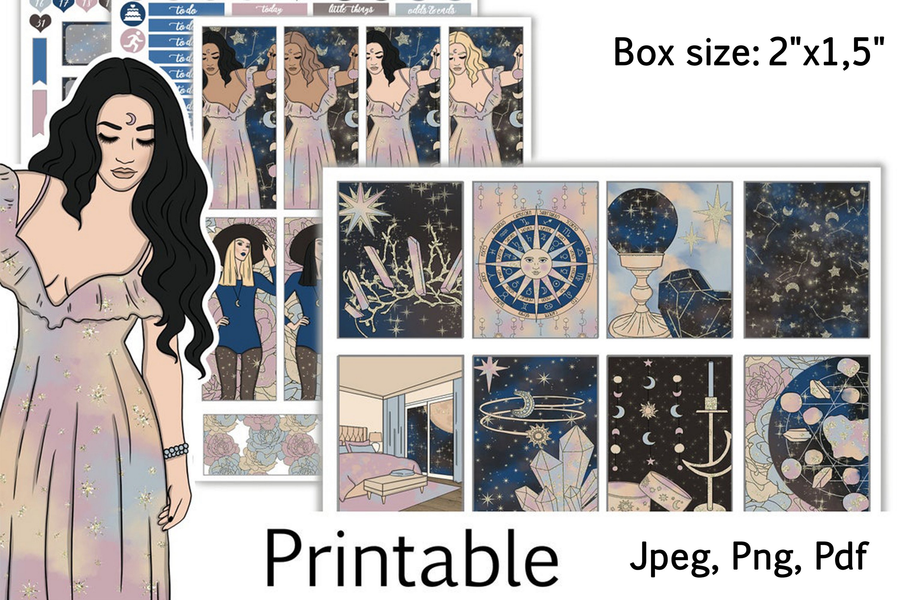 Zodiac Star Moon Printable Stickers Box Size 2"x1,5"