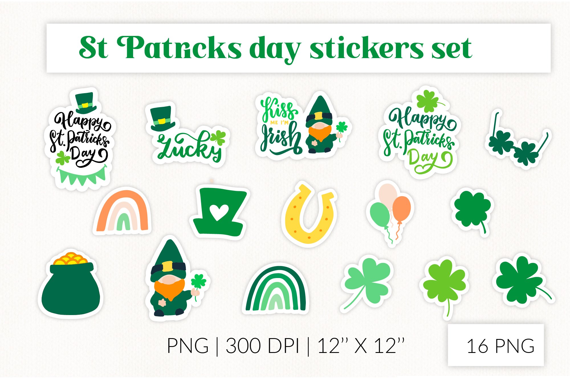 Saint Patrick stickers Set. Clover stickers, green rainbow