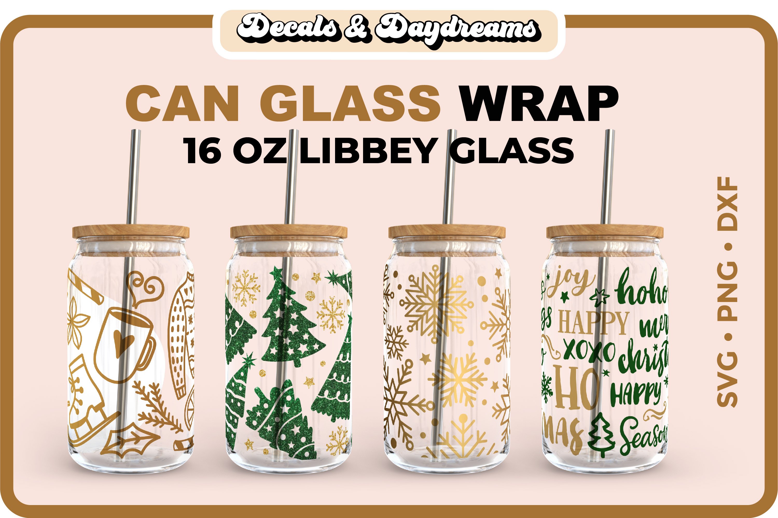 Set Of 4 Cute Christmas Can Glass Wrap Svg, Libbey Can SVG
