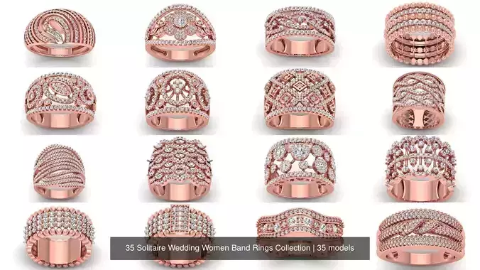 35 Solitaire Wedding Women Band Rings Collection 3D Model Pack