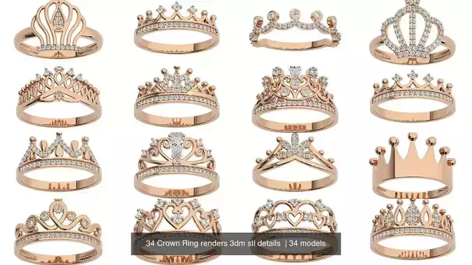 34 Crown Ring renders 3dm stl details  3D Model Pack