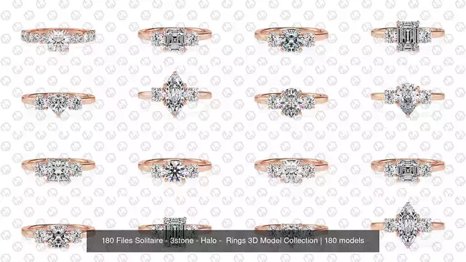 180 Files Solitaire - 3stone - Halo - Rings 3D Model Collection 3D Model Pack