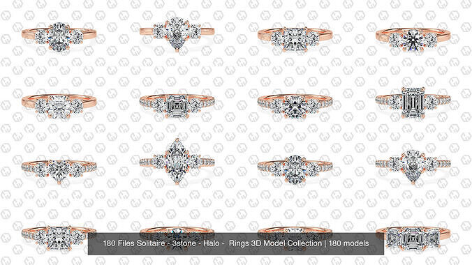 180 Files Solitaire - 3stone - Halo -  Rings 3D Model Collection 3D Model Pack 2