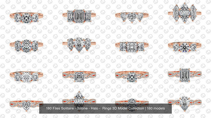 180 Files Solitaire - 3stone - Halo -  Rings 3D Model Collection 3D Model Pack 3