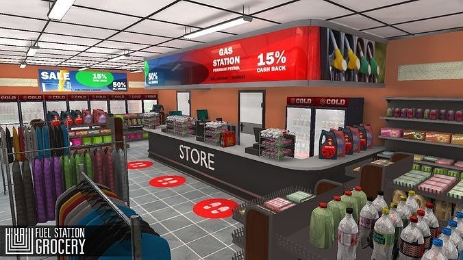 Fuel station - grocery Low-poly 3D model 2