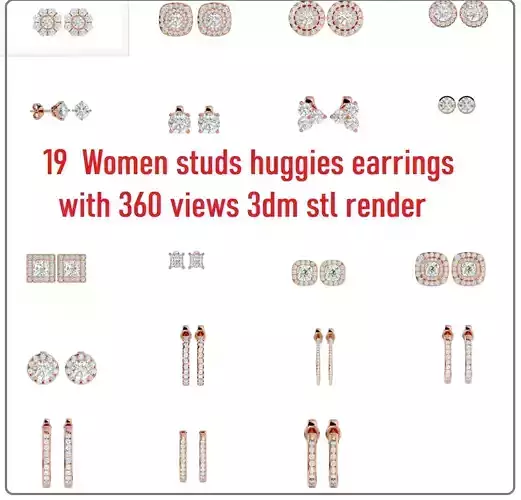 19 Women studs huggies earrings with 360 views 3dm stl render 3D Model Pack