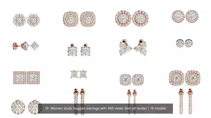 19  Women studs huggies earrings with 360 views 3dm stl render 3D Model Pack 2