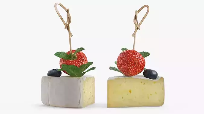 Brie Cheese Wedge with Berries and Mint White 3D model 2