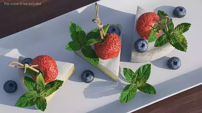 Brie Cheese Wedge with Berries and Mint White 3D model 3