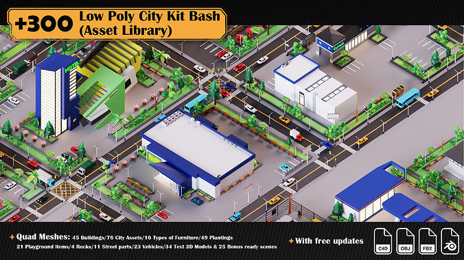 Low Poly City Asset Library 300 Objects Kitbash Low-poly 3D model 2