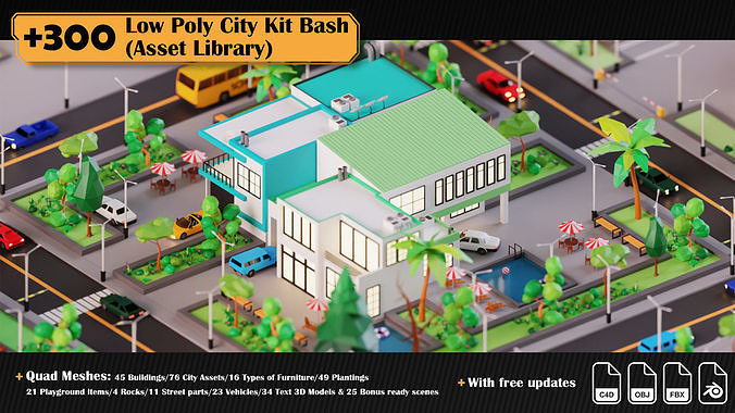 Low Poly City Asset Library 300 Objects Kitbash Low-poly 3D model 3