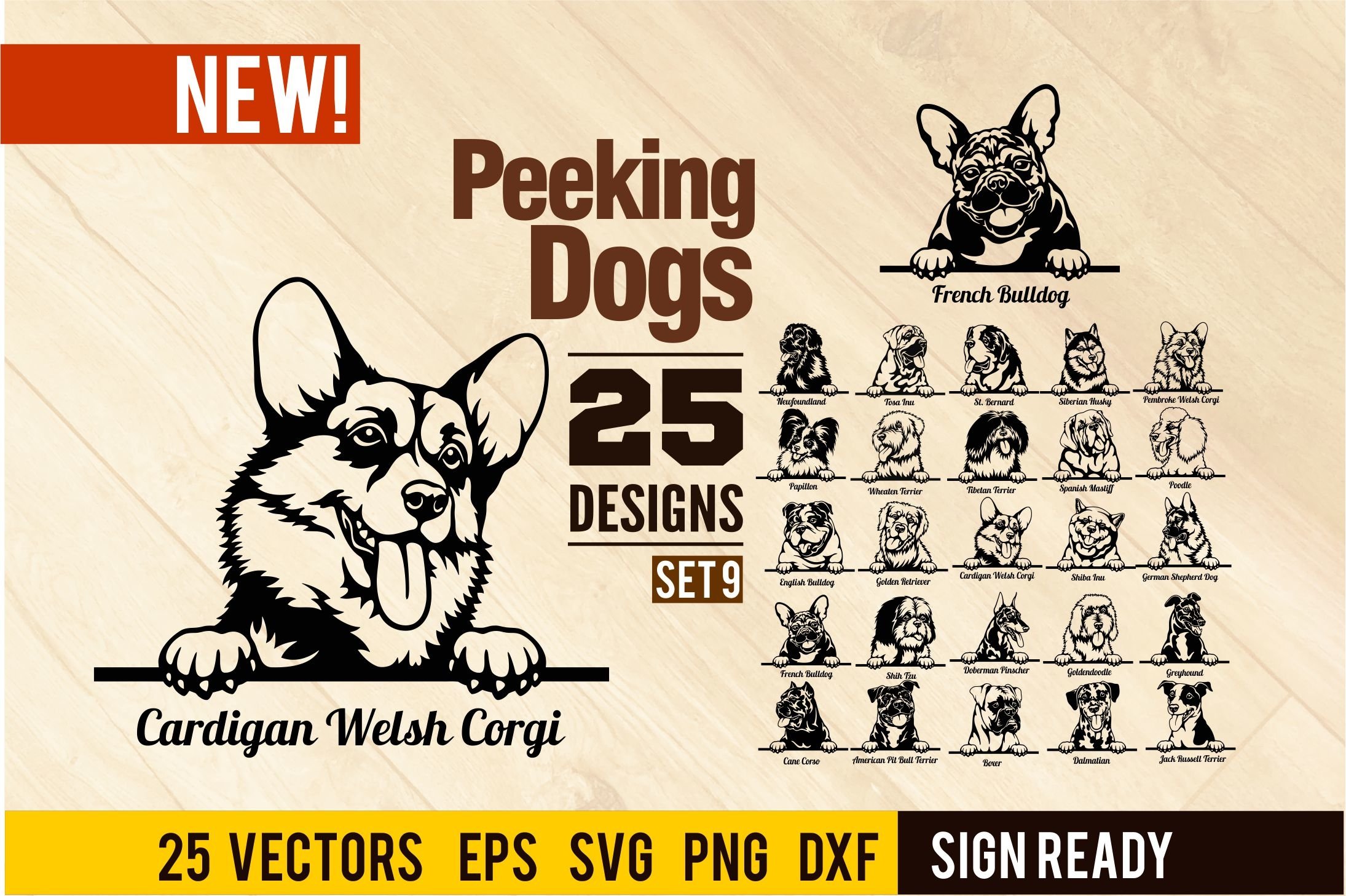 Peeking Dogs Set 9, Bundle Breed, Head Face, Cut vector