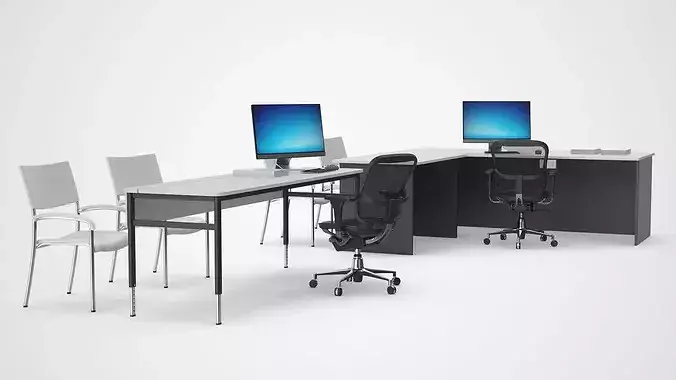 Office Desk with Desktop Monoblock and Chair Setup 3D model