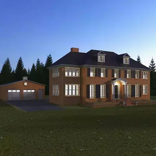 Colonial House with Detached Garage and Garland 3D model