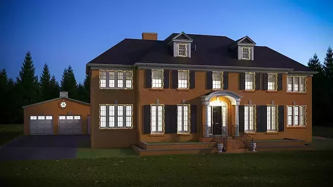 Colonial House with Detached Garage and Garland 3D model 2