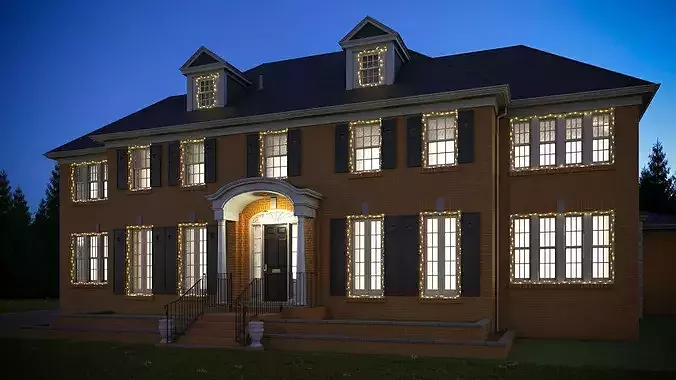 Colonial House with Detached Garage and Garland 3D model 3
