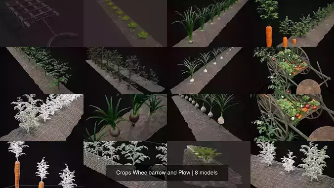 Crops Wheelbarrow and Plow 3D Model Pack 2
