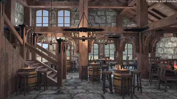 Barrel Table with Stools 3D model 2
