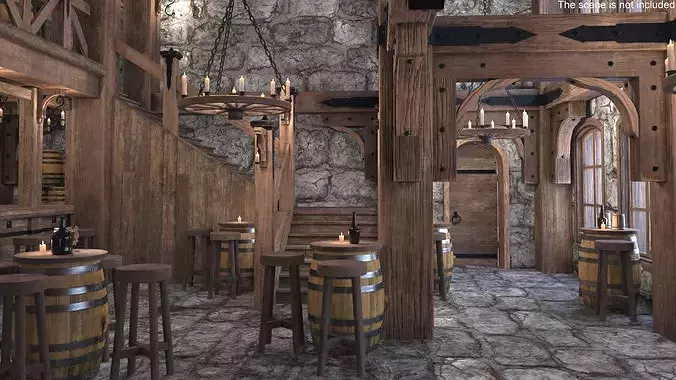 Barrel Table with Stools 3D model 3