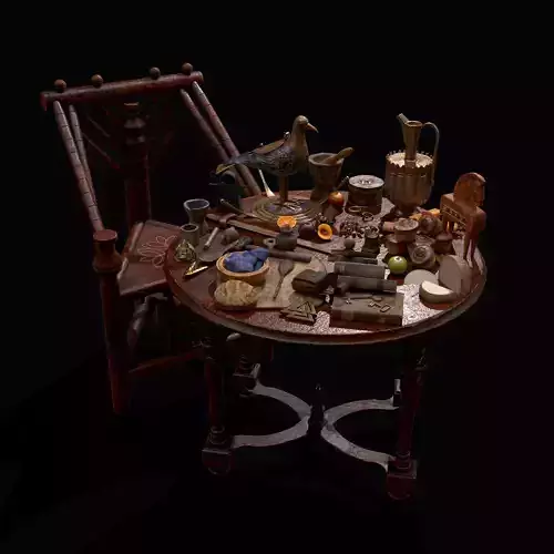 Medieval Props Messy Table Scene 3D Model Pack