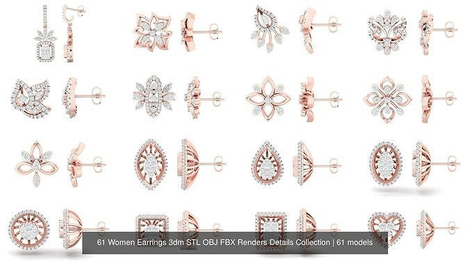 61 Women Earrings 3dm STL OBJ FBX Renders Details Collection 3D Model Pack 3