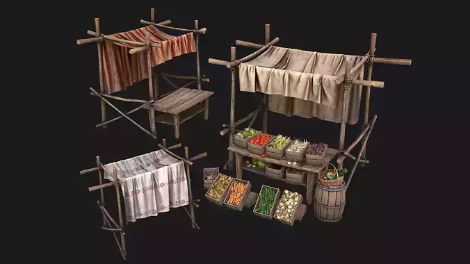 Medieval Market Vegetable Stalls Tent Bazaar Food Pack Low-poly 3D model