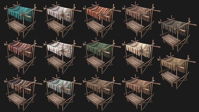 Medieval Market Vegetable Stalls Tent Bazaar Food Pack Low-poly 3D model 2