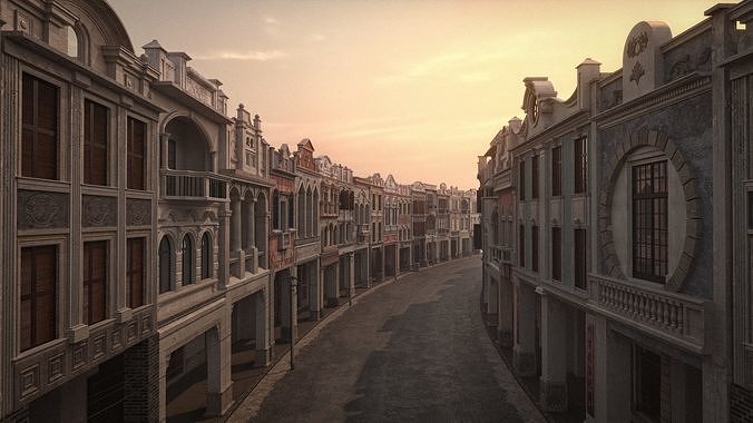 Chinese arcade streets shophouse Buildings kit 3D model 2