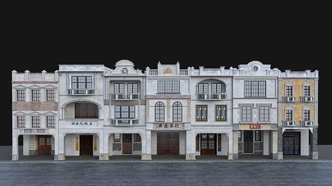 Chinese arcade streets shophouse Buildings kit 3D model 3