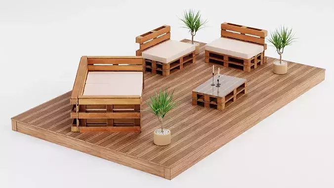 Garden Setup V4 - Furnished Wooden Terrace with Pallet Sofa Set 3D model