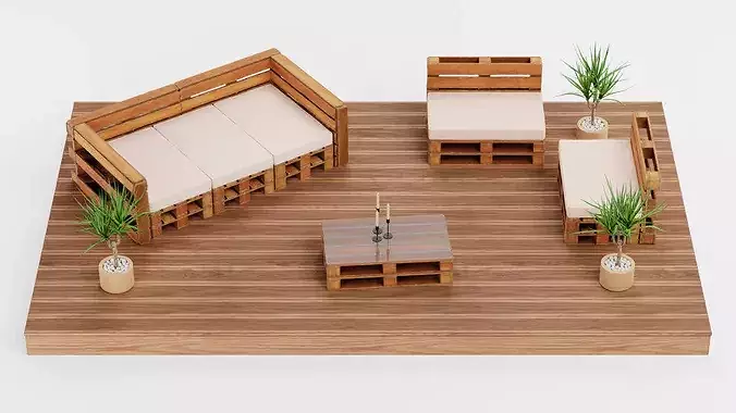 Garden Setup V4 - Furnished Wooden Terrace with Pallet Sofa Set  3D model 2