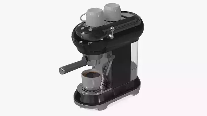 Smeg Espresso Coffee Machine Black with Coffee and Two Cups 3D model